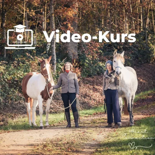 Titelbild des Video-Kurses Heart Connection mit zwei Frauen und zwei Pferden im Herbstwald