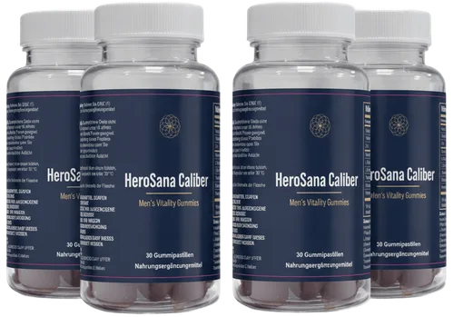 Vier Gläser HeroSana Caliber Men's Vitality Gummies mit 30 Gummipastillen, Nahrungsergänzungsmittel