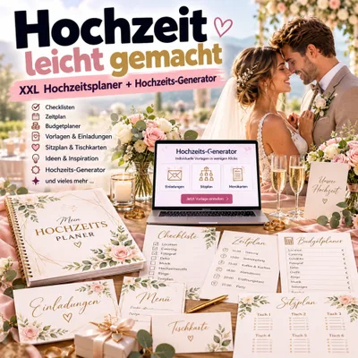 Titelbild „Hochzeit leicht gemacht – XXL Hochzeitsplaner + Hochzeits-Generator“ mit Brautpaar, Planer und Laptop