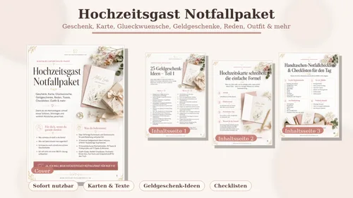 Verkaufsgrafik des Hochzeitsgast-Notfallpakets mit Cover und drei Inhaltsseiten des PDF-Sets