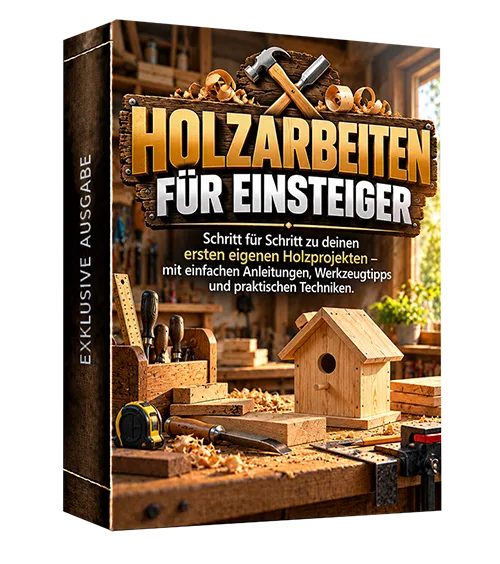 Produktcover „Holzarbeiten für Einsteiger“ mit Vogelhaus, Werkzeug und Hobelspänen auf einer Werkbank
