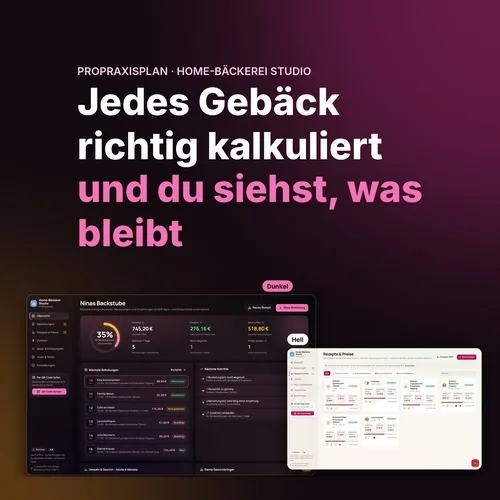Produktgrafik der App Home-Bäckerei Studio von ProPraxisPlan mit Kalkulations-Oberfläche