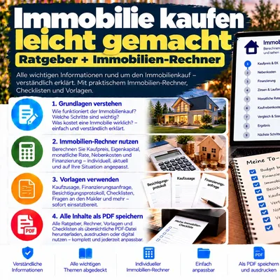 Titelgrafik des Ratgebers „Immobilie kaufen leicht gemacht – Ratgeber + Immobilien-Rechner“