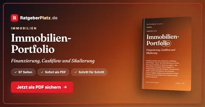 Titelgrafik von RatgeberPlatz mit dem Schriftzug „Immobilien-Portfolio, Finanzierung, Cashflow und Skalierung“ und einem Buchcover