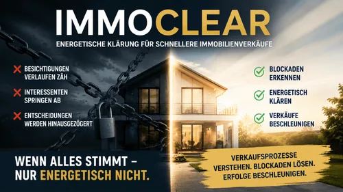 Titelgrafik „ImmoClear – Energetische Klärung für schnellere Immobilienverkäufe“ mit Haus zwischen Ketten und Sonnenlicht