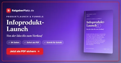 Titelgrafik von RatgeberPlatz mit Buchcover „Infoprodukt-Launch – Von der Idee bis zum Verkauf“