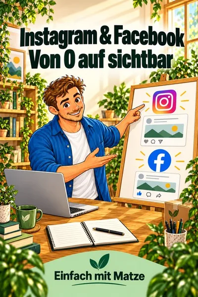 Titelbild des Selbstlernkurses Instagram & Facebook: Von 0 auf sichtbar von Einfach mit Matze mit der Comicfigur Matze am Schreibtisch