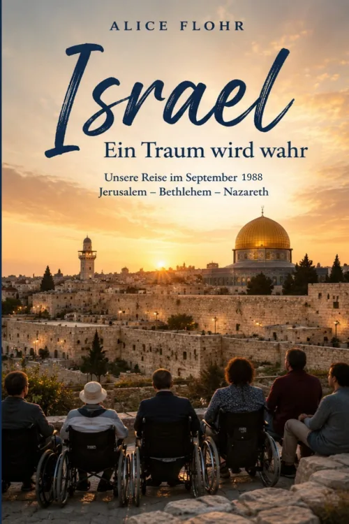 Buchcover „Israel – Ein Traum wird wahr“ von Alice Flohr mit Blick auf Jerusalem und einer Gruppe im Vordergrund