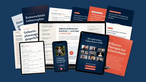 Produktgrafik des Kaiserschnitt-Geburtsvorbereitungskurses mit Laptop, Tablets, Smartphone, Checklisten und Leitfäden