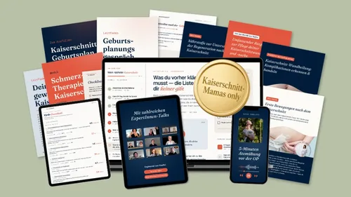 Produktbild des Kurses mit Laptop, Tablet, Smartphone und Leitfäden zur Kaiserschnitt-Vorbereitung