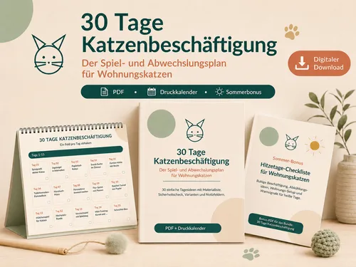 Titelgrafik „30 Tage Katzenbeschäftigung“ mit Druckkalender, PDF-Cover und Sommerbonus-Heft Hitzetage-Checkliste