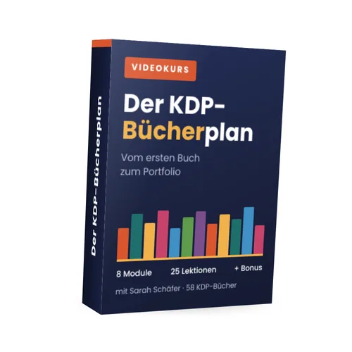 Produktbox des Videokurses „Der KDP-Bücherplan“ mit dem Hinweis 8 Module, 25 Lektionen und Bonus