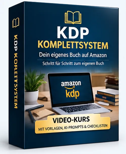 Produktbox des Videokurses „KDP Komplettsystem“ mit Amazon-KDP-Laptop und dem Hinweis Video-Kurs mit Vorlagen, KI-Prompts und Checklisten