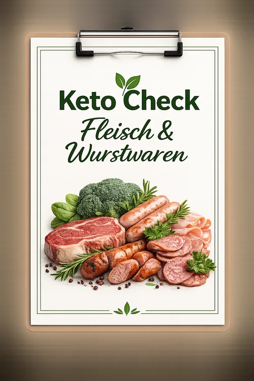 Titelbild der Checkliste Keto-Check Fleisch und Wurstwaren: Klemmbrett mit Fleisch, Wurst und Brokkoli