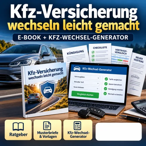 Titelbild „Kfz-Versicherung wechseln leicht gemacht – E-Book + Kfz-Wechsel-Generator“ mit Auto, Laptop und Musterbriefen