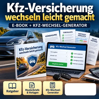 Titelbild „Kfz-Versicherung wechseln leicht gemacht – E-Book + Kfz-Wechsel-Generator“ mit Auto, Laptop und Musterbriefen