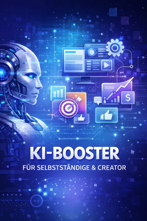 Titelbild „KI-Booster für Selbstständige & Creator“ mit KI-Roboterkopf und Symbolen für Marketing und Wachstum