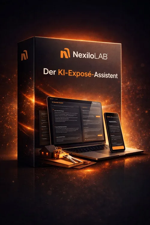 Produktkarton-Mockup „Der KI-Exposé-Assistent“ von NexiloLab mit Laptop und Smartphone