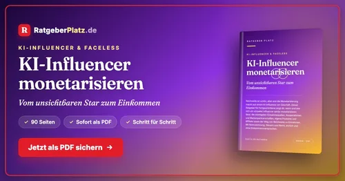 Cover des PDF-Ratgebers „KI-Influencer monetarisieren – Vom unsichtbaren Star zum Einkommen“ von RatgeberPlatz