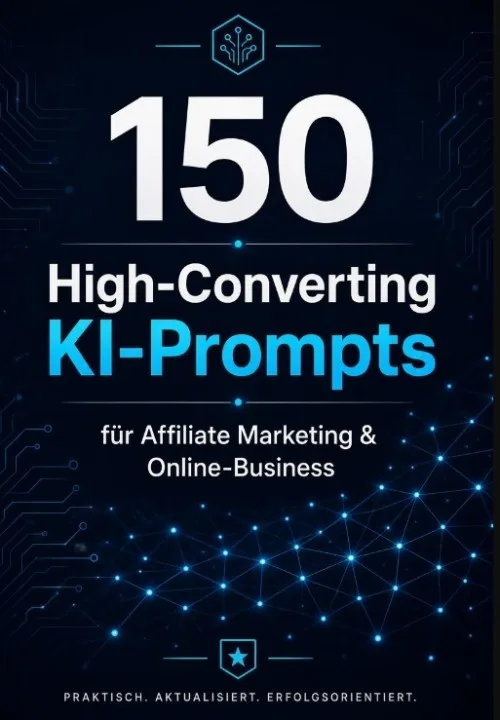 Titelgrafik des PDFs mit dem Schriftzug 150 High-Converting KI-Prompts für Affiliate Marketing und Online-Business