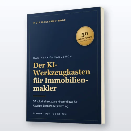 Buchcover des E-Books Der KI-Werkzeugkasten für Immobilienmakler, Die Maklermethode, 50 Workflows, 76 Seiten