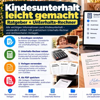 Titelbild des Ratgebers Kindesunterhalt leicht gemacht mit Unterhalts-Rechner, Taschenrechner und Familienfoto