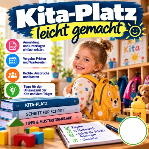 Titelbild „Kita-Platz leicht gemacht“ mit lächelndem Kind mit Rucksack, Ratgeber-Stapel und Stichpunkten zu Anmeldung, Fristen und Rechten