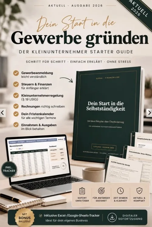 Titelbild „Dein Start in die Gewerbe gründen“, Kleinunternehmer Starter Guide, Ausgabe 2026, mit Laptop und Tracker