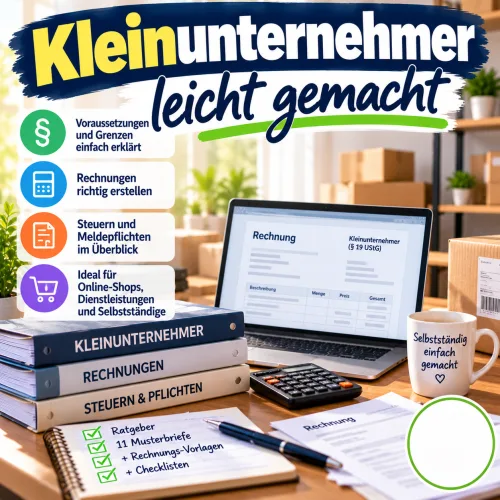 Titelbild „Kleinunternehmer leicht gemacht“ mit Laptop, Rechnung, Taschenrechner und Ordnern für Steuern und Pflichten