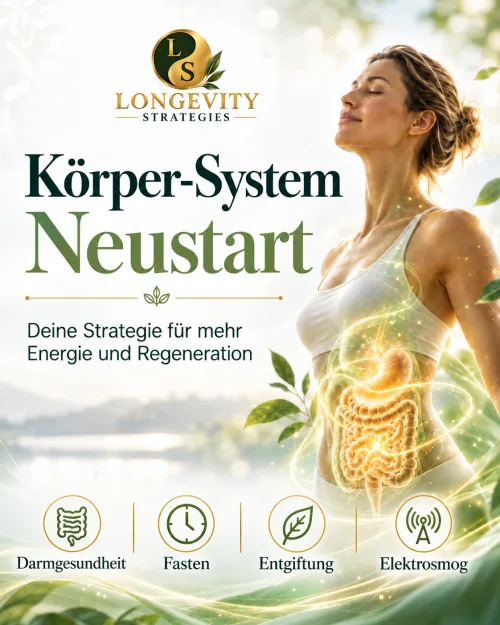 Titelbild des Kurses „Körper-System Neustart“ mit dem Logo Longevity Strategies und den Themen Darmgesundheit, Fasten, Entgiftung, Elektrosmog