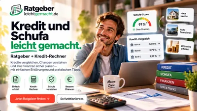 Titelgrafik „Kredit und Schufa leicht gemacht“ mit lächelndem Mann am Laptop, Taschenrechner und Schufa-Score-Karte