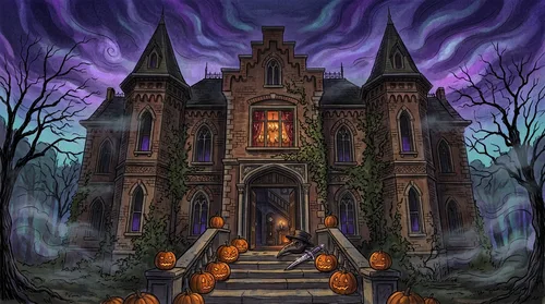 Illustration einer gotischen Villa bei Nacht mit Kürbissen auf der Treppe, Pestdoktor-Maske und Dolch, Titelbild des Krimidinners Die Geisterstunde
