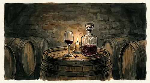 Illustration eines Rotweinglases, einer Karaffe und einer brennenden Kerze auf einem Weinfass im Gewölbekeller, Titelbild von Mord im Weinkeller