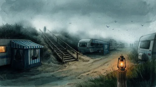 Illustration eines Nordsee-Campingplatzes im Nebel mit Wohnwagen, Holztreppe über die Düne und einer Laterne im Vordergrund