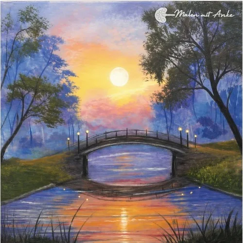 Gemälde „Brücke am See“ im Abendlicht, eines der vier Motive des Bundles
