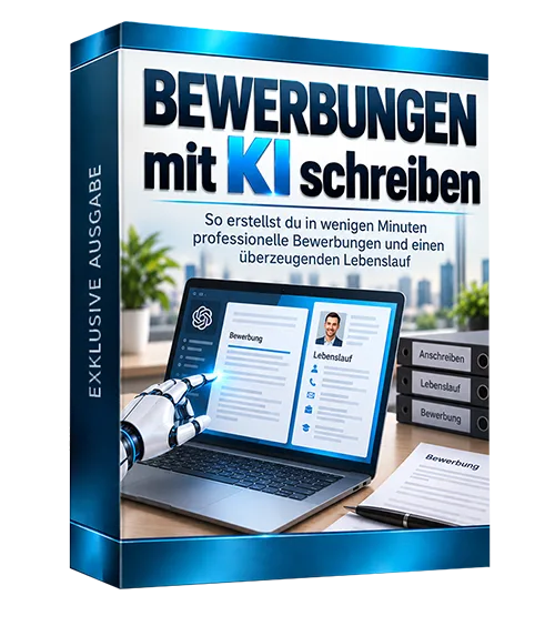 Produktbox „Bewerbungen mit KI schreiben“ mit Laptop, Lebenslauf und Ordnern