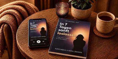 Titelbild des Kurses In 7 Tagen sanft loslassen mit Smartphone und E-Book auf einem Holztisch