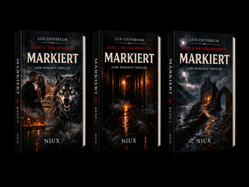 Cover der drei Bände Markiert, Band 0 bis 2, Dark Romance Thriller im Lux-Universum, Autorenname NIUX