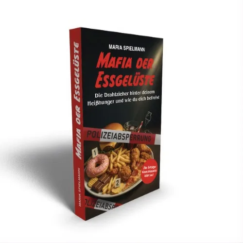 Buchcover Mafia der Essgelüste von Maria Spielmann mit Polizeiabsperrband vor einem Teller Fast Food
