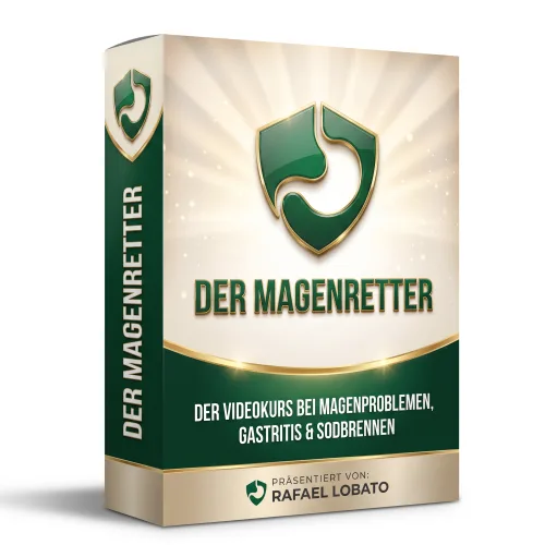 Produktbox des Videokurses Der Magenretter von Rafael Lobato mit Magenschutz-Symbol