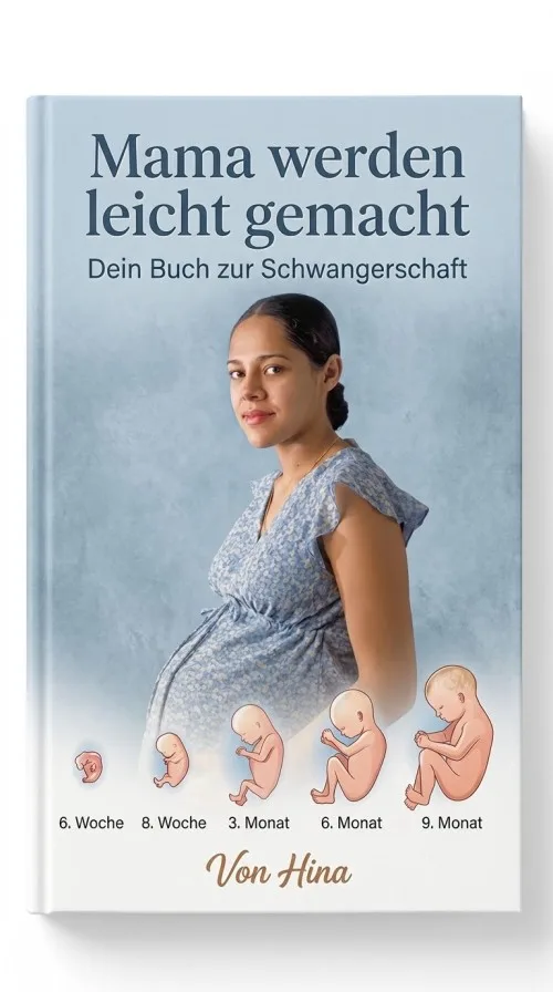 Buchcover „Mama werden leicht gemacht – Dein Buch zur Schwangerschaft“ mit Schwangerer und Entwicklungsstufen des Babys