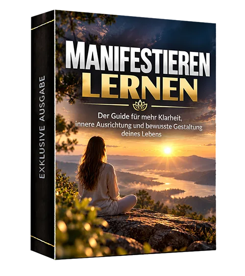 Produktbox Manifestieren lernen, Exklusive Ausgabe, mit einer Frau, die auf einem Felsen den Sonnenaufgang betrachtet
