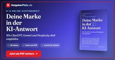 Titelgrafik von RatgeberPlatz mit dem Buchcover „Deine Marke in der KI-Antwort“ und dem Hinweis auf 90 Seiten als PDF