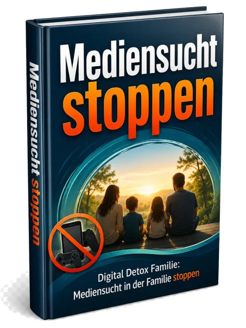 Cover des PDF-Ratgebers „Mediensucht stoppen – Digital Detox Familie“ mit einer Familie bei Sonnenuntergang