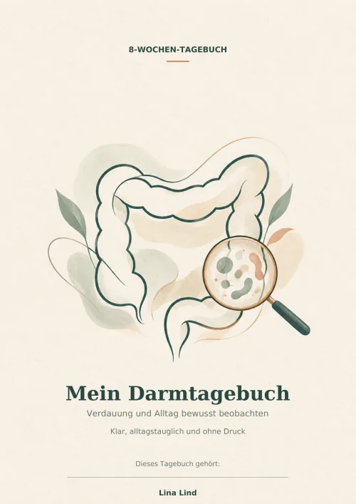 Titelseite des Tagebuchs „Mein Darmtagebuch“ mit Darmillustration und Lupe
