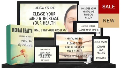 Produktbild des Mental-Health-Programms mit Verpackungsbox und Geräten, englische Schriftzüge zu Mentalhygiene und Hypnose