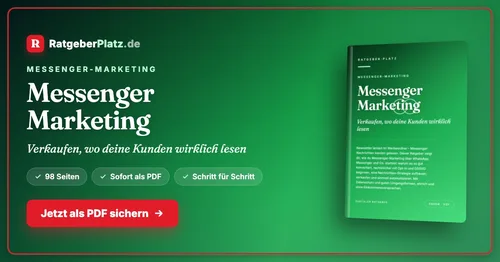 Titelgrafik des PDF-Ratgebers Messenger Marketing von RatgeberPlatz mit Buchcover und dem Hinweis 98 Seiten