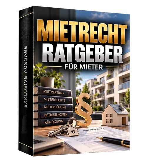 Produktbild „Mietrecht Ratgeber für Mieter“ mit Büchern zu Mietvertrag, Mieterhöhung und Kündigung, Paragrafzeichen und Hausmodell