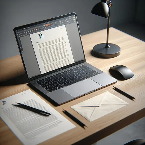 Illustration: Laptop mit Textdokument auf einem Schreibtisch, daneben Brief mit Umschlag und Stifte