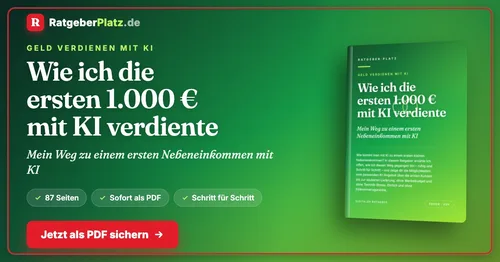 Titelbild des PDF-Ratgebers „Wie ich die ersten 1.000 € mit KI verdiente“ von RatgeberPlatz